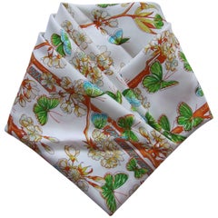 HERMES Silk Scarf Vol Amoureux des Azures Toutsy Butterflies White Blue Green 90