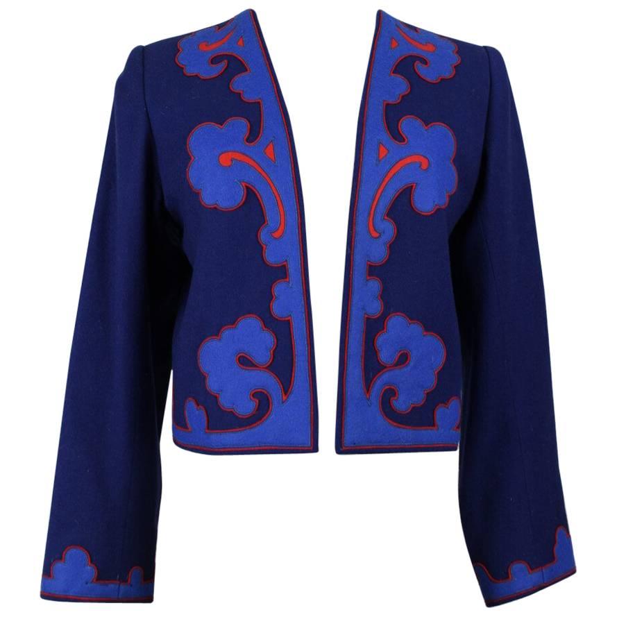 Yves Saint Laurent YSL Appliquéd Royal Blue Wool Bolero Jacket Blazer, 1978 