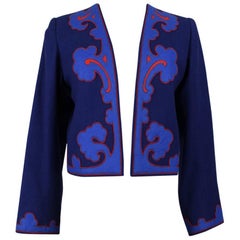 Retro Yves Saint Laurent YSL Appliquéd Royal Blue Wool Bolero Jacket Blazer, 1978 