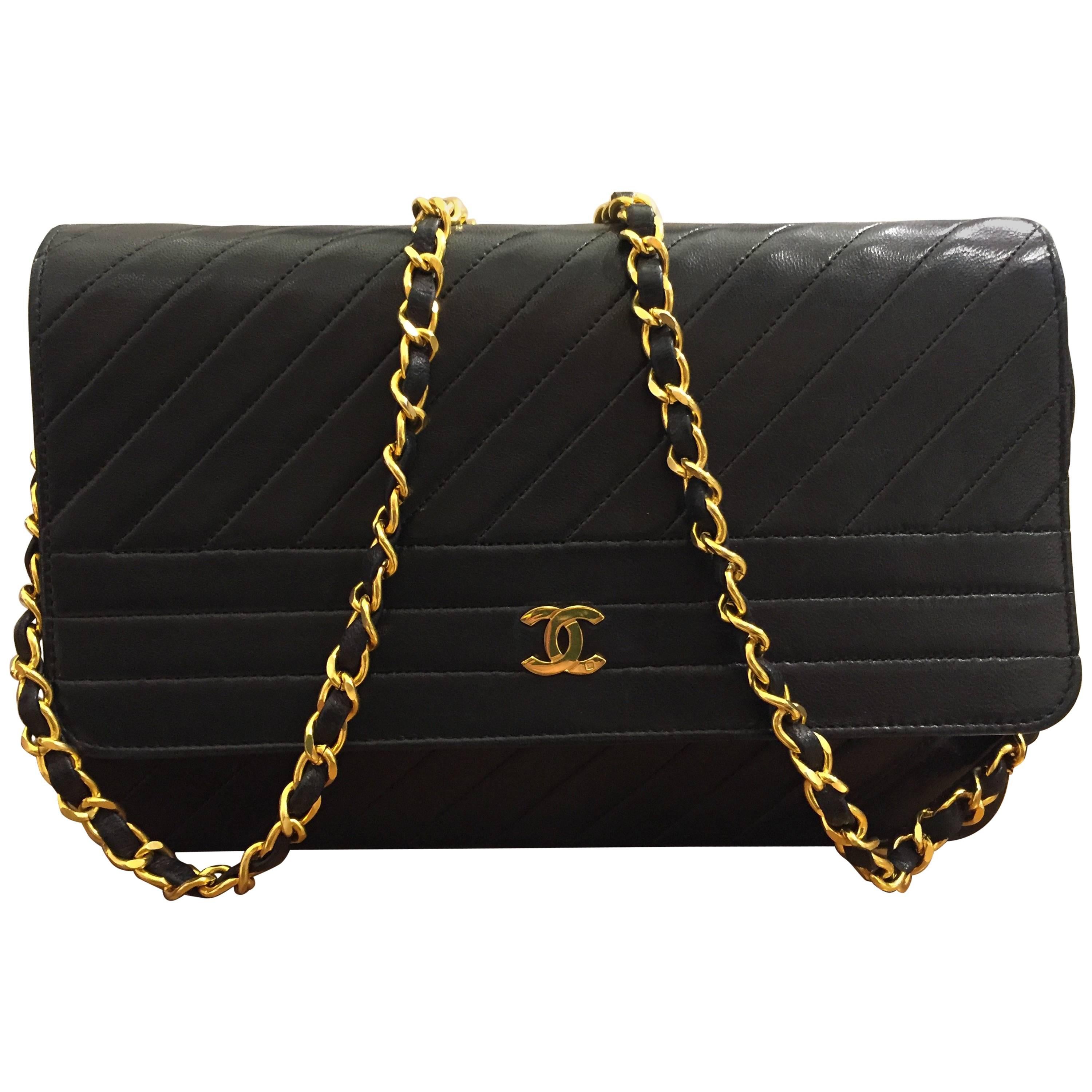 Chanel Classic Black Lambskin Quilted Stripes Shoulder Bag