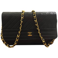 Vintage Chanel Classic Black Lambskin Quilted Stripes Shoulder Bag