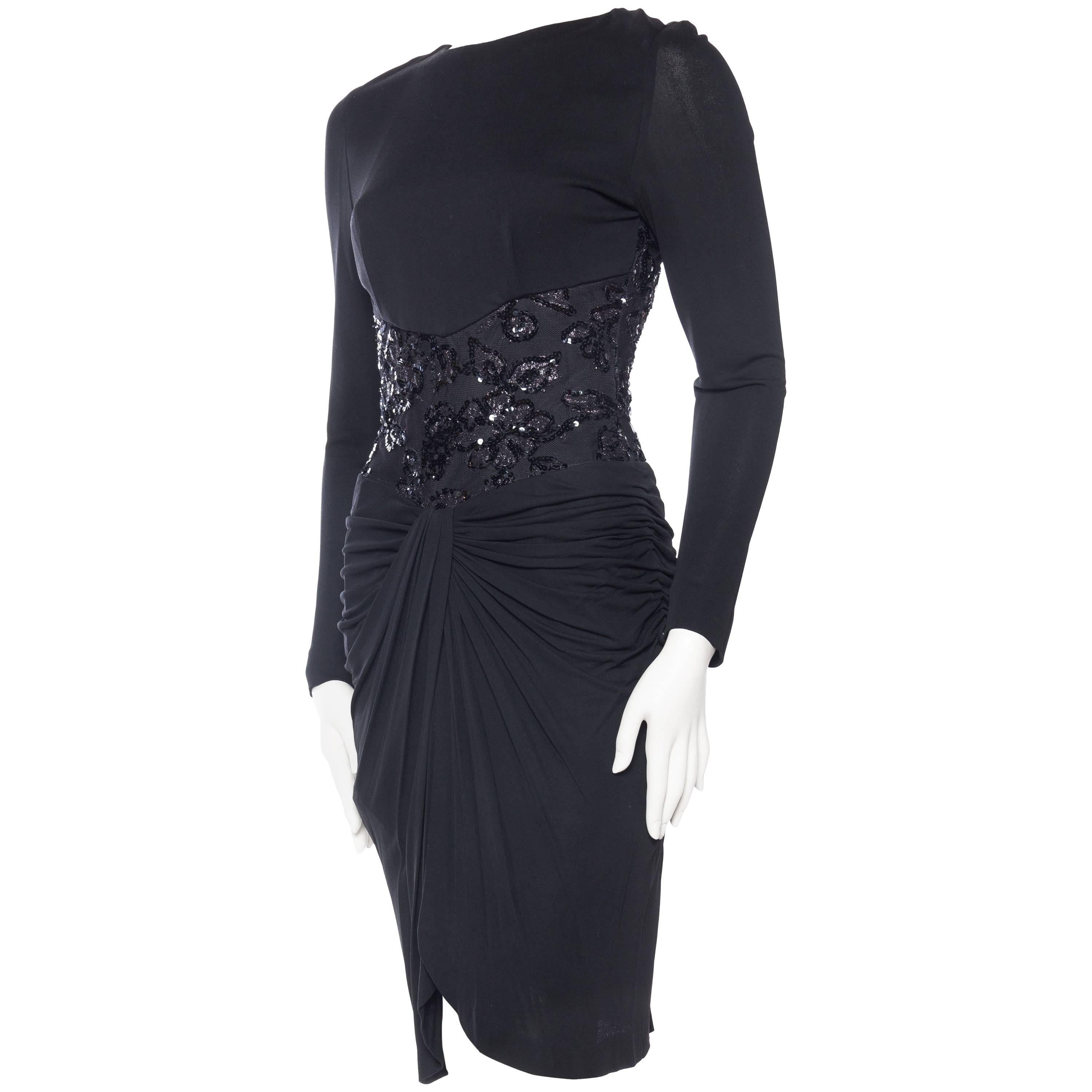 1980S VICKY TIEL Black Rayon Jersey Long Sleeve Cocktail Dress With Sheer Beade