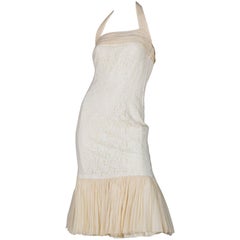 1950S Off White Rayon & Silk Lace Chiffon Fitted Little Cocktail Dress