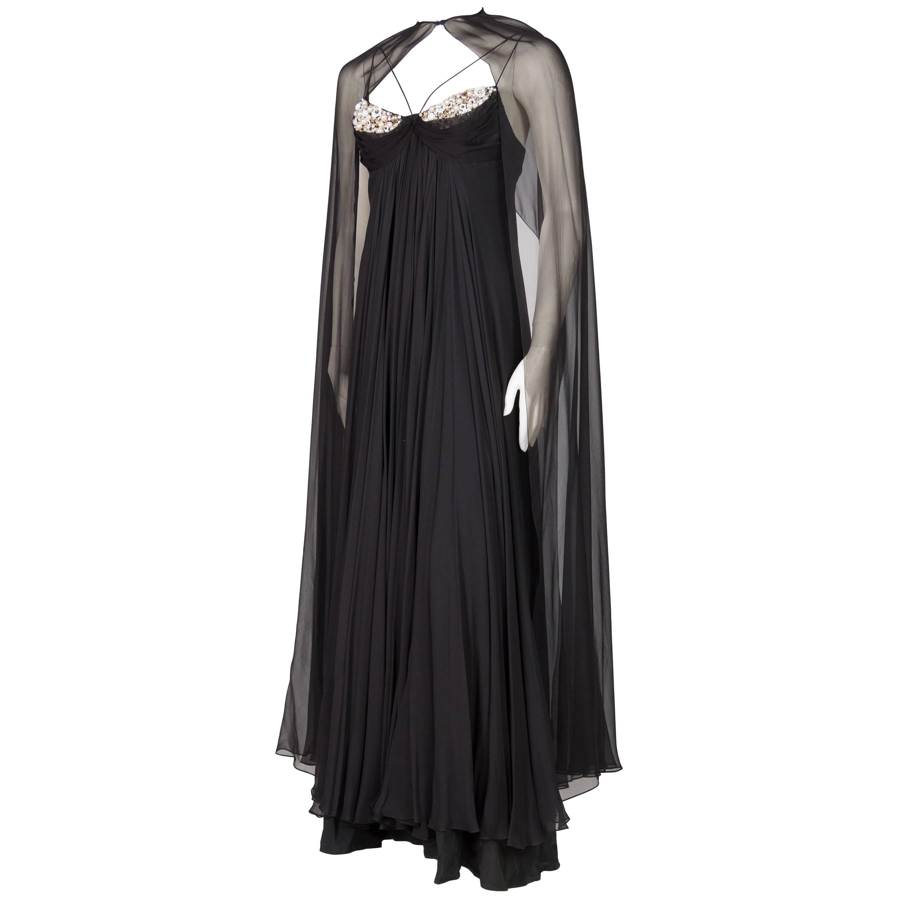 1970s Alfred Bosand Beaded Silk Chiffon Gown with Cape