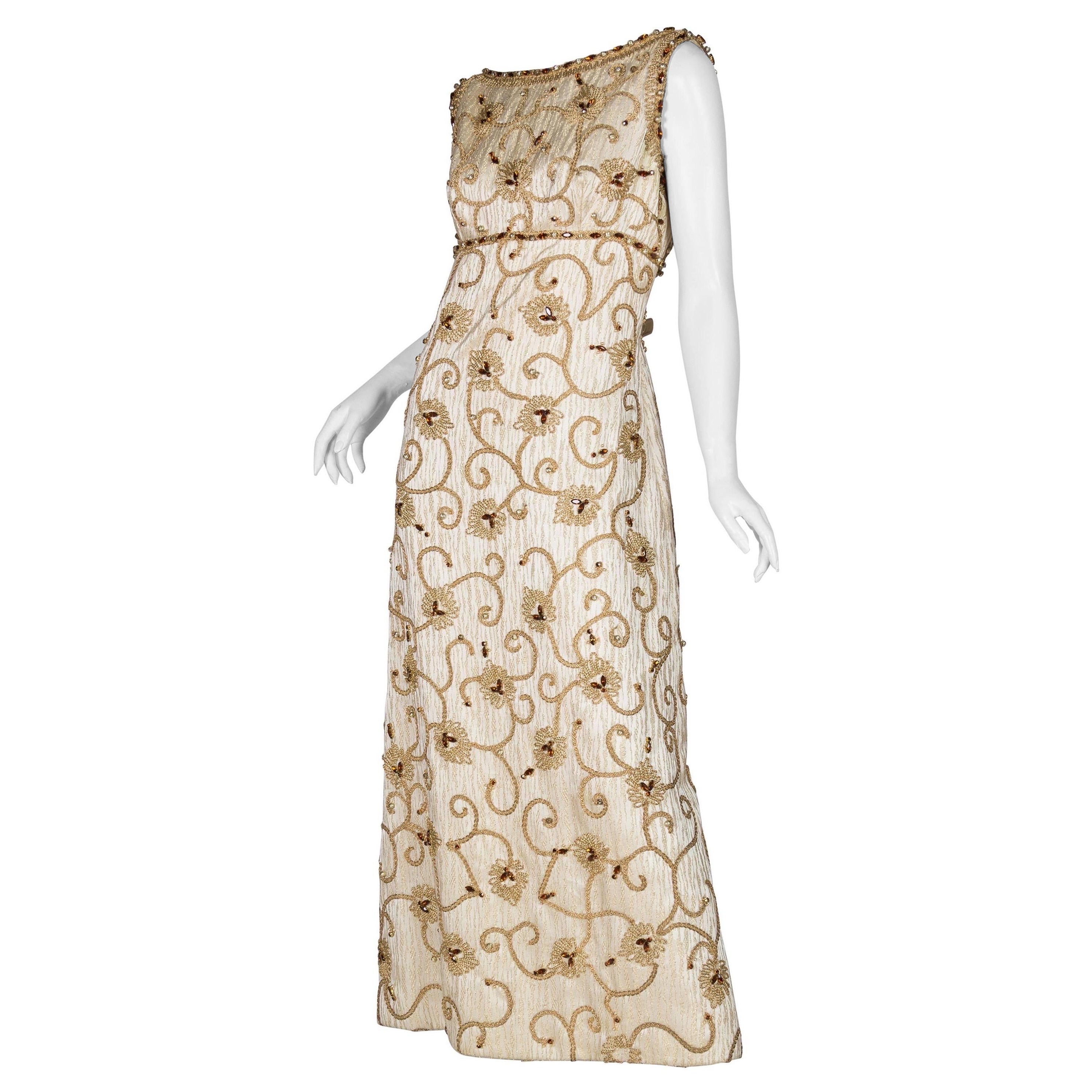 1960S Gold Lamé Rayon Blend Jacquard Gown With Embroidered Rope Vines & Crystal For Sale