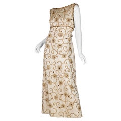 1960S Gold Lamé Rayon Blend Jacquard Gown With Embroidered Rope Vines & Crystal