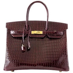 Hermes Bordeaux Porosus Crocodile Gold Hardware Birkin 35 Bag