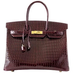 Hermes Bordeaux Porosus Crocodile Gold Hardware Birkin 35 Bag 