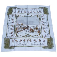 Vintage HERMES Silk Scarf Les Plaisirs Du Froid White Hugo Grygkar 90 cm 