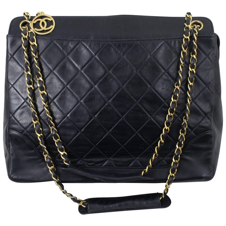 1990 Vintage Chanel Navy leather Shopper Bag with Golden Hardware at 1stdibs