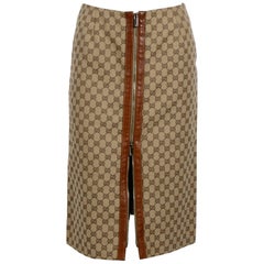 Gucci By Tom Ford Leather Trim Logo Skirt with Zipper Detail