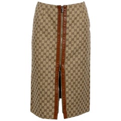 Gucci By Tom Ford Leather Trim Logo Skirt with Zipper Detail 