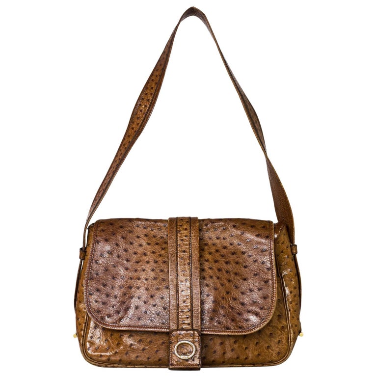 Hermes Vintage Brown Ostrich Shoulder Bag with Dust Bag For Sale at 1stDibs