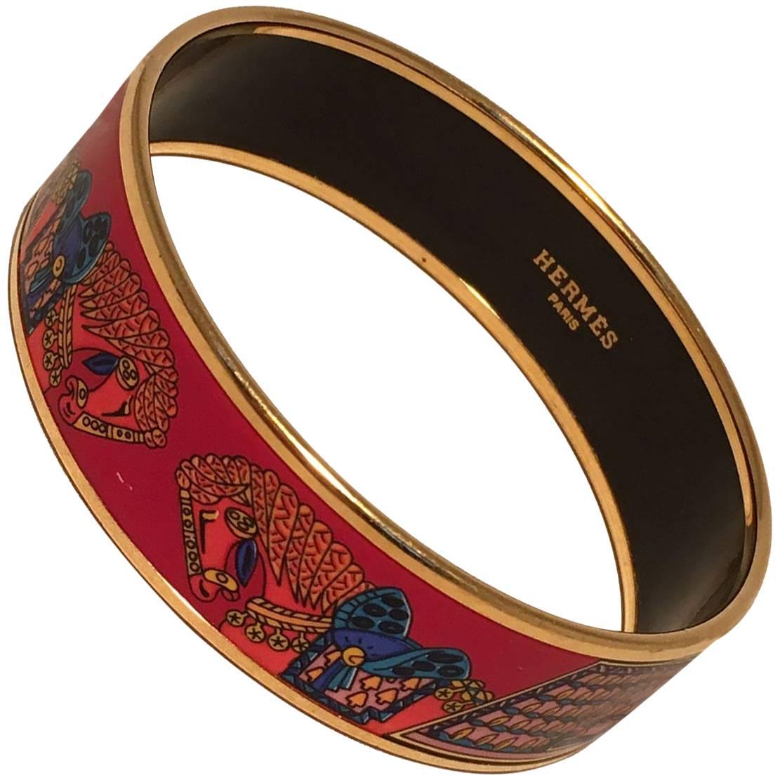 Hermes Red Blue Horse Print Gold Enamel Bangle Bracelet