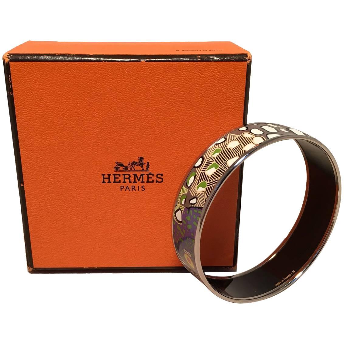 Hermes Multicolor Abstract Print Silver Bangle Enamel Bracelet