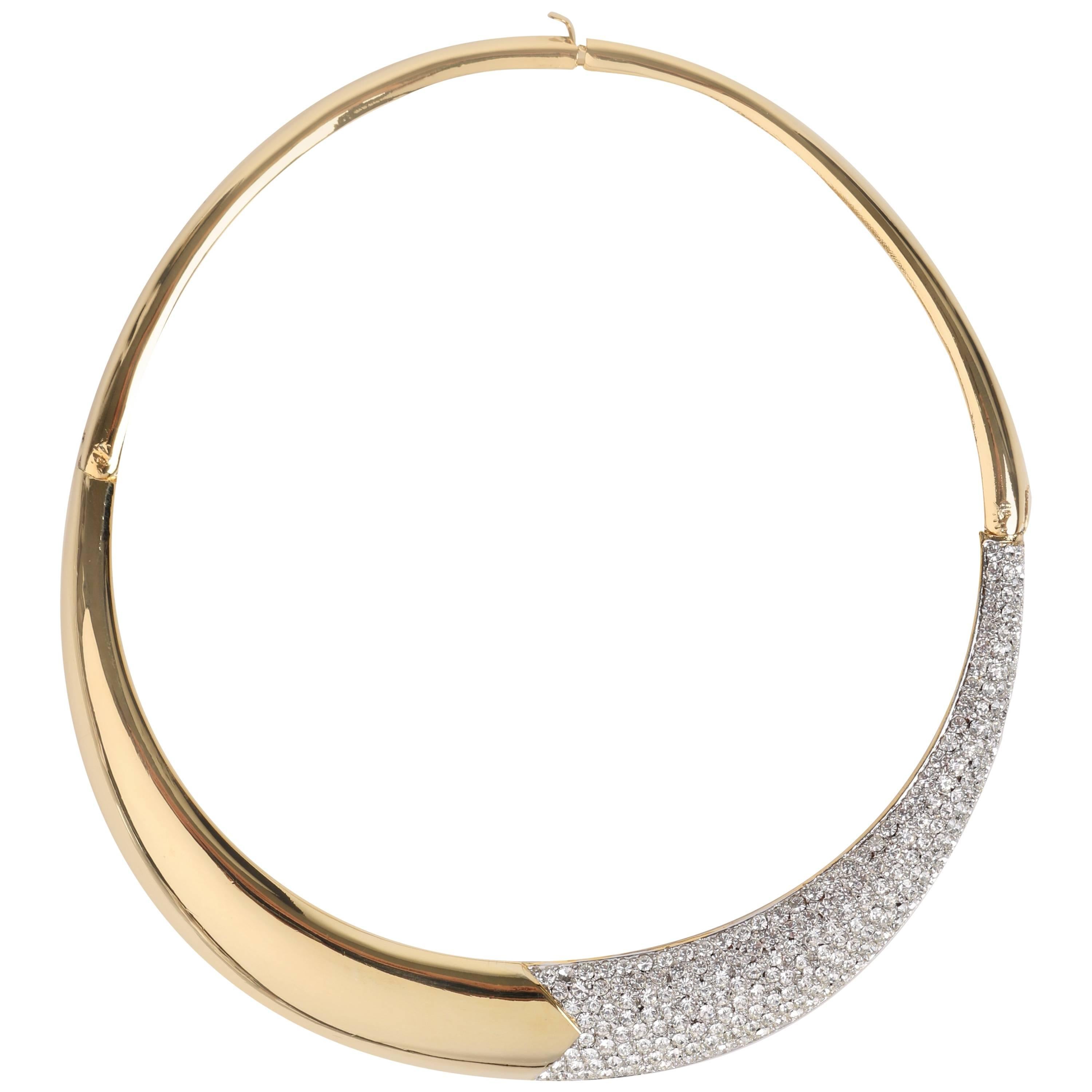 LANVIN c.1970's Gold & Crystal Rhinestone Modernist Collar Choker Necklace