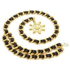 Vintage Chanel Black Leather x Gold Tone Chain Belt