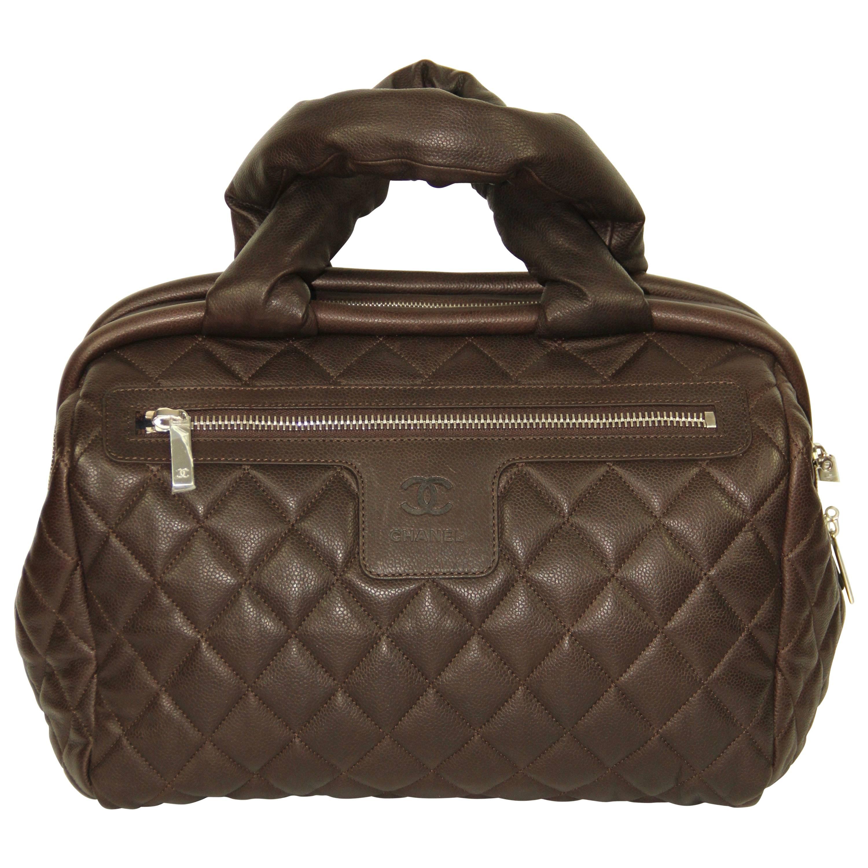 CHANEL Coco Cocoon Collection Brown Quilted Grained Leather Pristine Bowler Bag