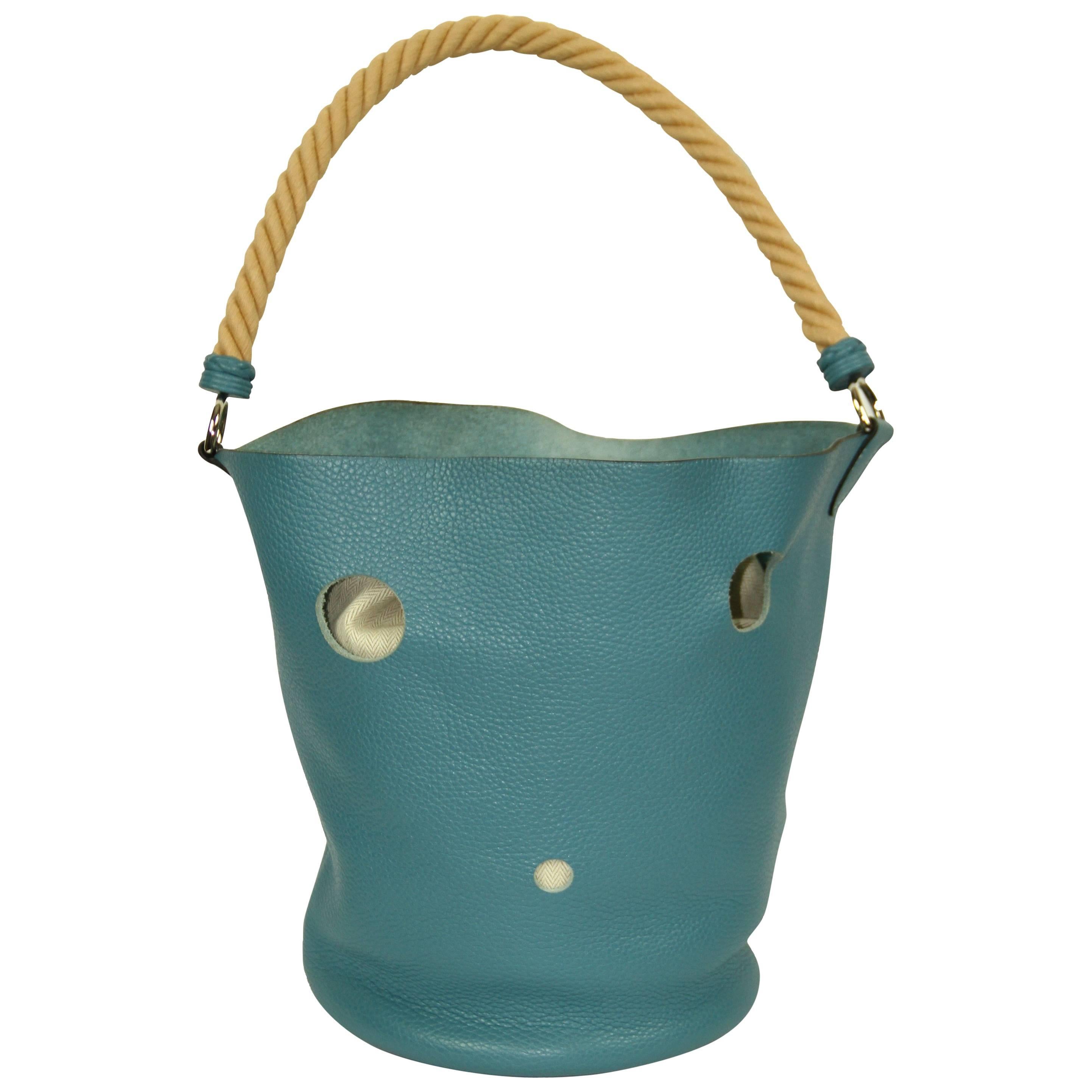HERMES "Mangeoire" Collection Blue Taurillon Leather Bucket Bag  