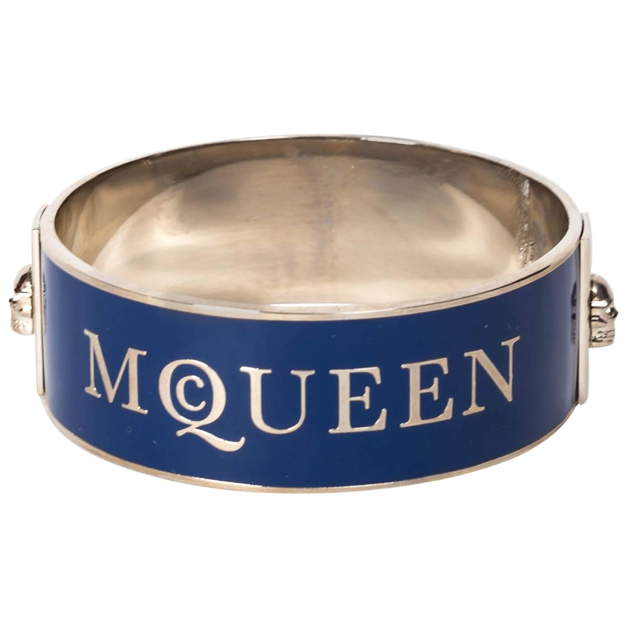 Alexander McQueen Cuff in Navy Blue With Raised Silver Lettering