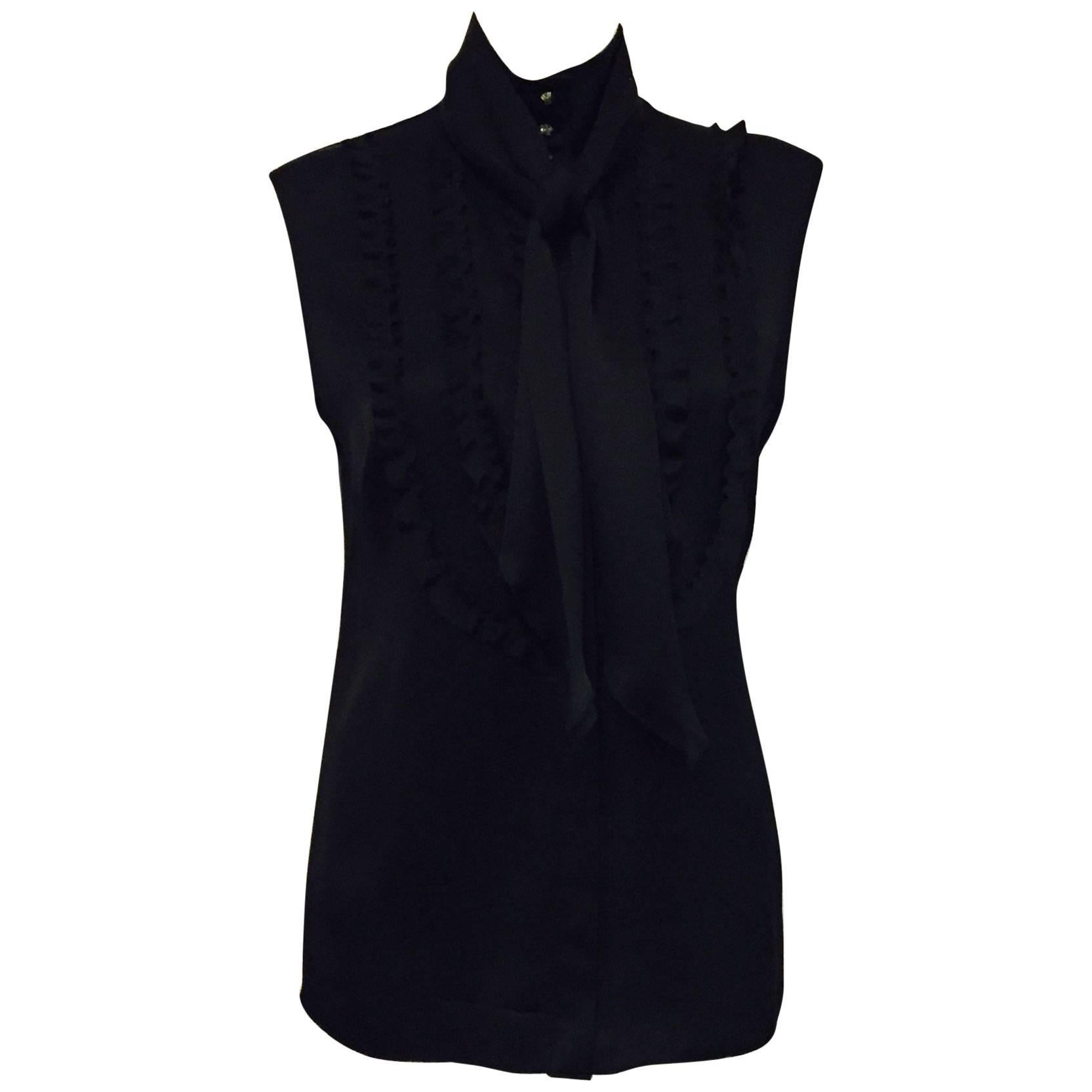 Conceptually Creative Chanel Black Silk Tuxedo Style Blouse with Up Collar For Sale