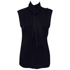 Conceptually Creative Chanel Black Silk Tuxedo Style Blouse with Up Collar