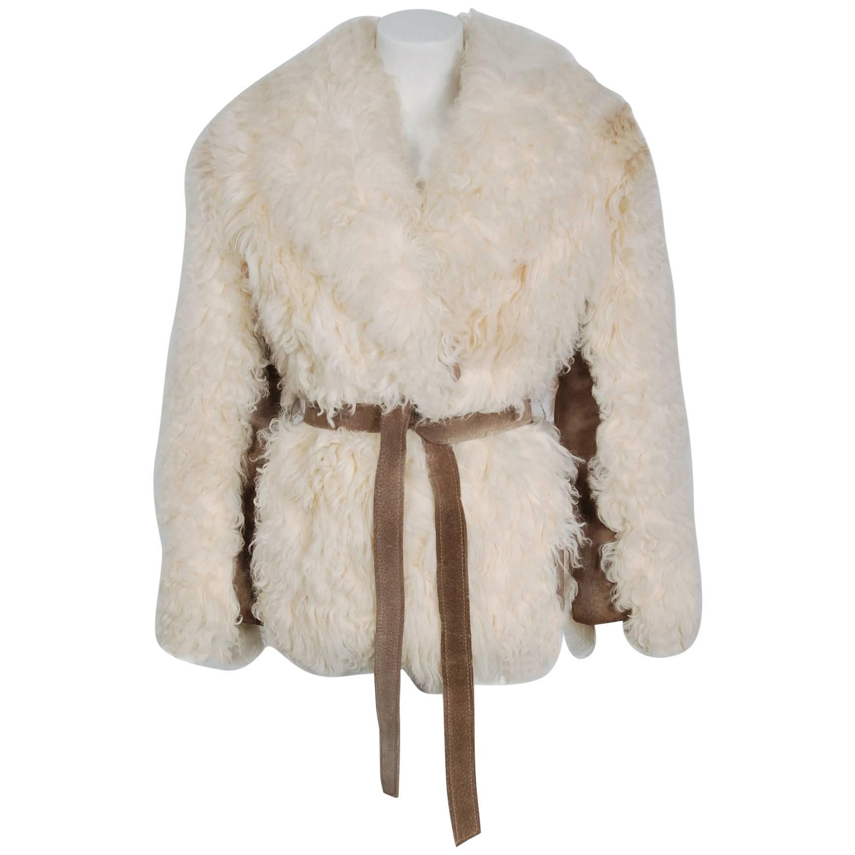 1970's Ivory Mongolian Curly-Lamb Fur & Tan Suede Belted Cropped Coat Jacket 
