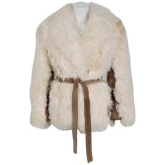 1970's Ivory Mongolian Curly-Lamb Fur & Tan Suede Belted Cropped Coat Jacket