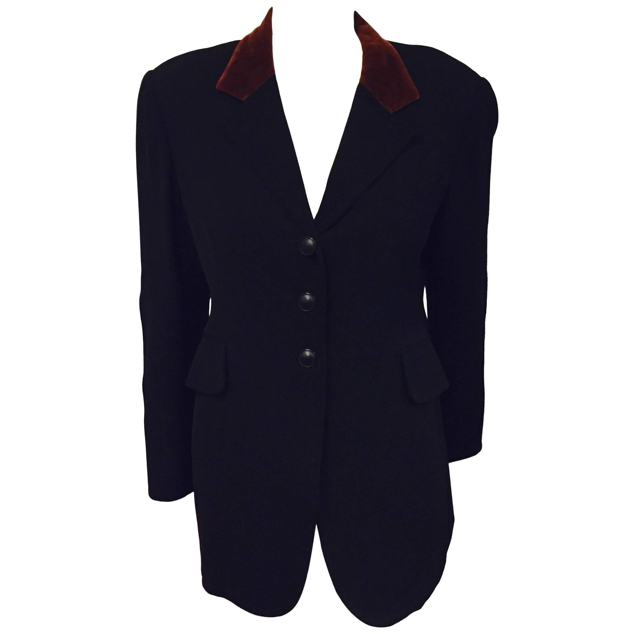 Vintage Hermès Black Wool Riding Jacket With Chestnut Velvet Collar 