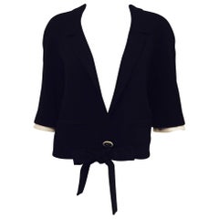 Chanel Black Wool Crepe Cropped Jacket With Removable White Wool Cuffs