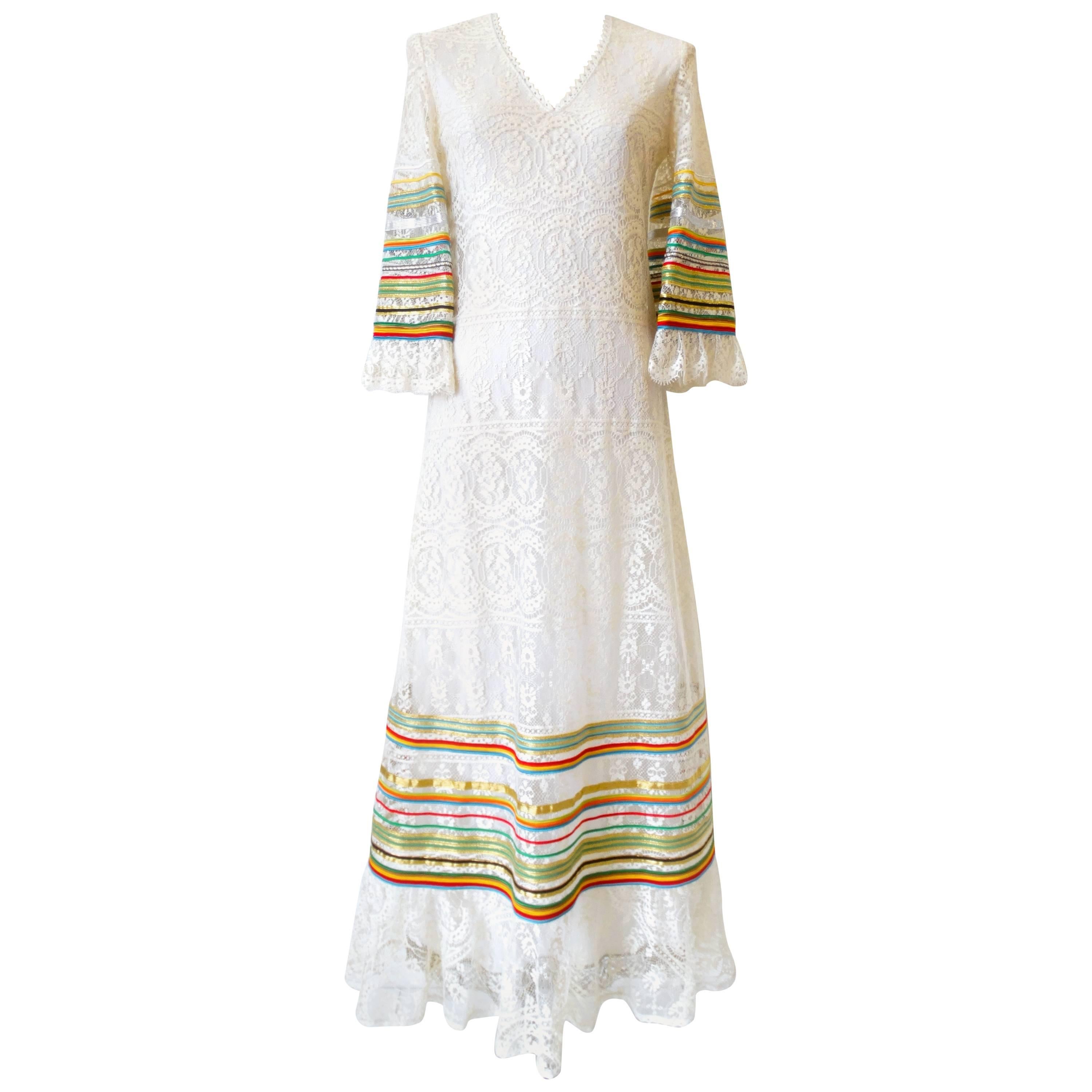 1970s Sant Angelo Lace Ribbon Maxi Dress 