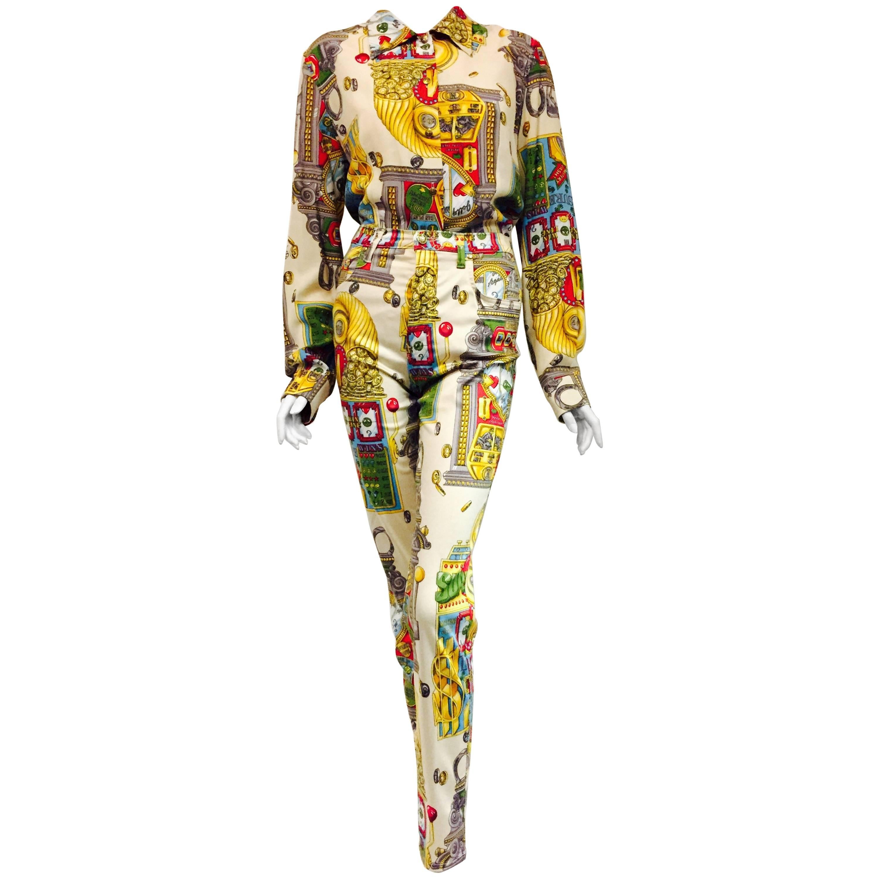 Marvelous Moschino Multi Color Vintage Casino Print Jean Suit  