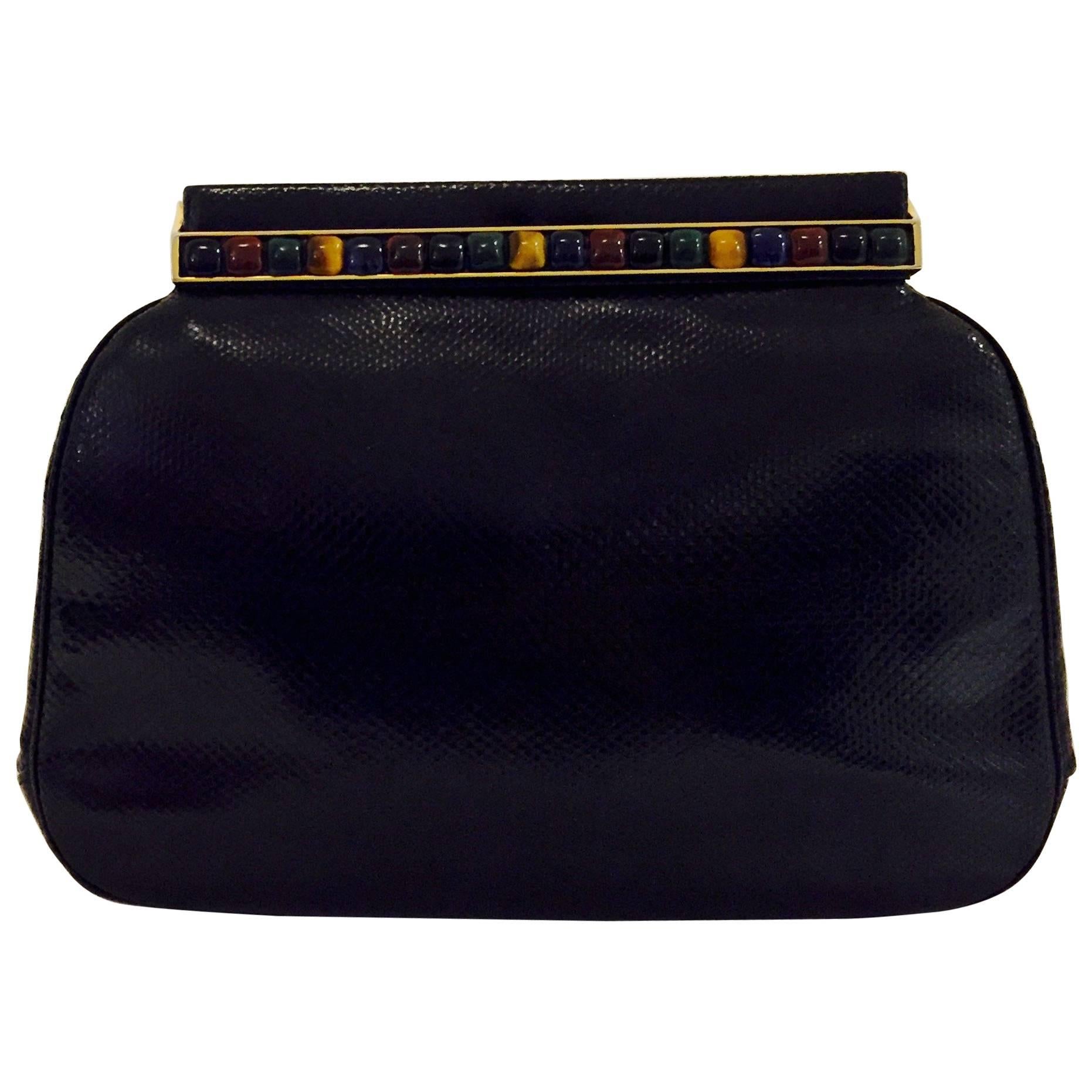 Jeweled Judith Leiber Black Lizard Timeless Clutch/Shoulder Bag  For Sale