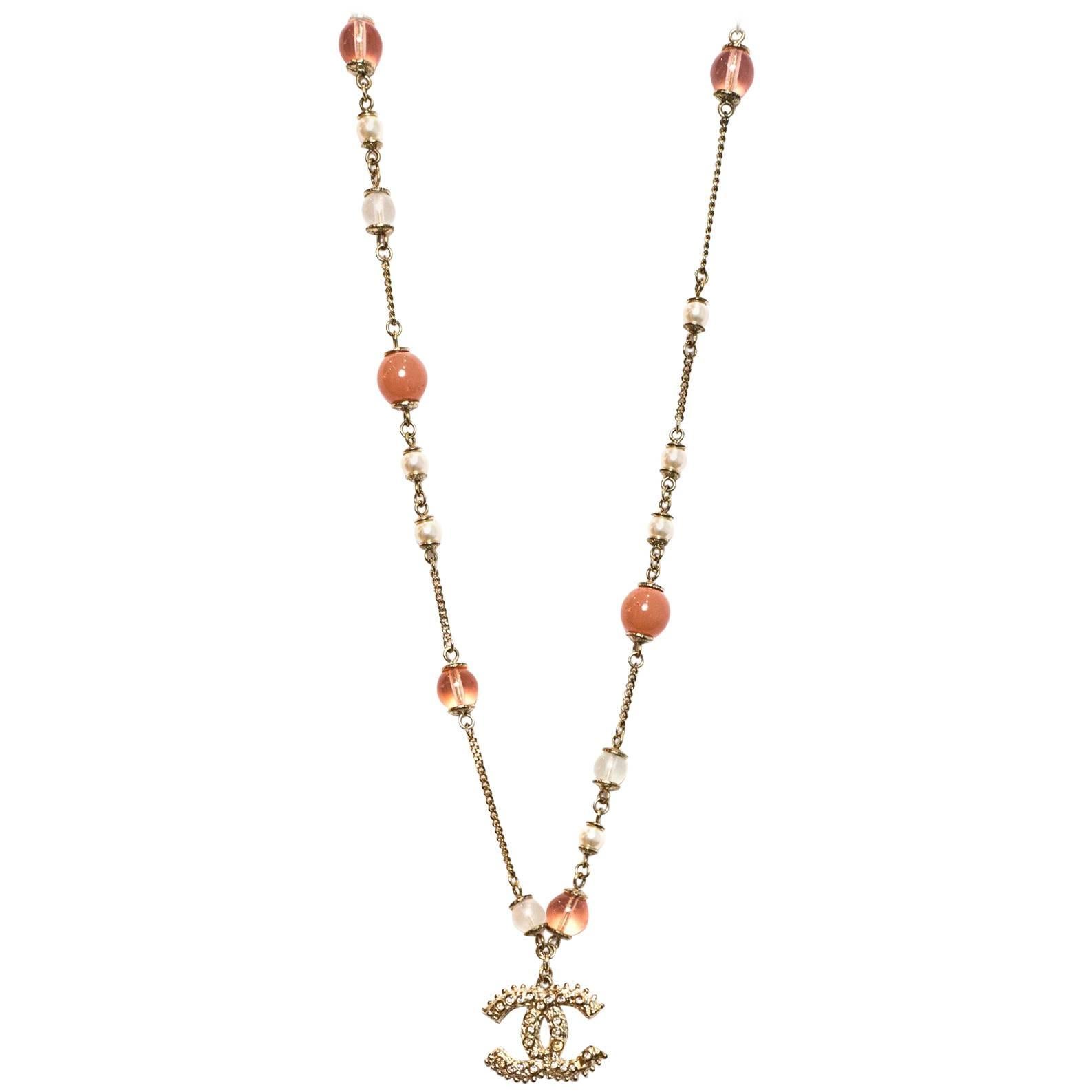 Chanel 2012 Pink Glass Bead & Pearl CC Necklace