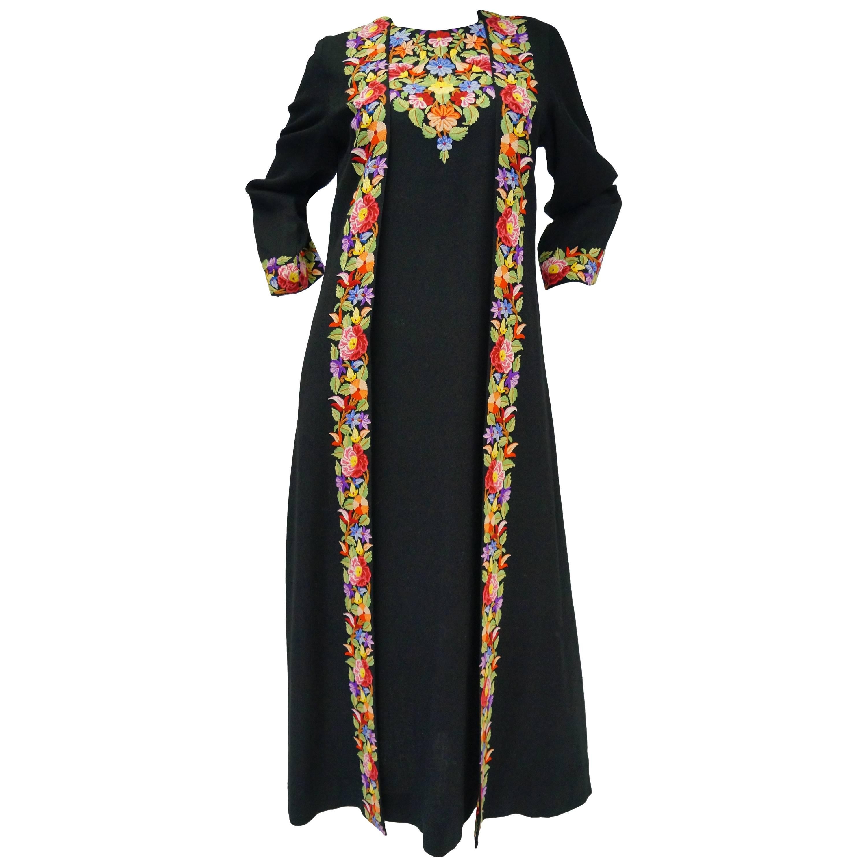 Vintage Suffering Moses Wool Kashmiri Embroidered One Piece Wrap Dress Coat 10 For Sale