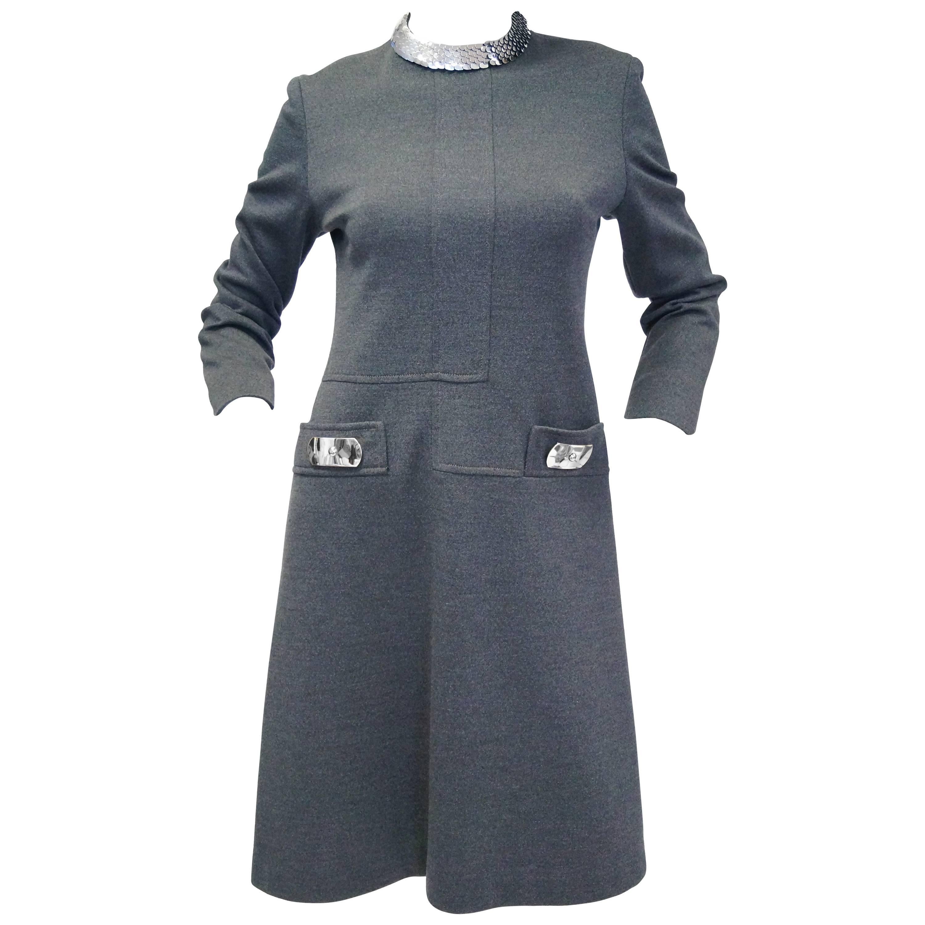 1970s Geoffrey Beene Space Gray Shift Dress with Metallic Details For Sale