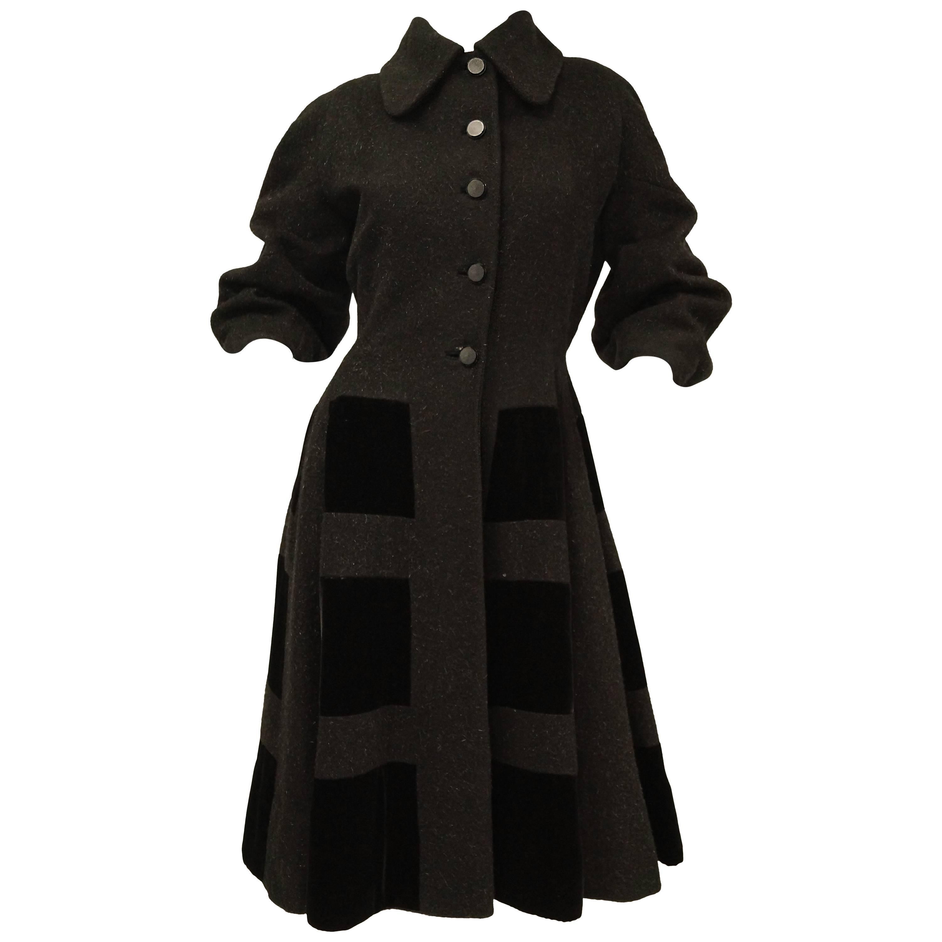  1950s Lilli Ann Black Mohair, Wool, and Velvet Blocked Princess Coat