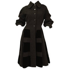 1950s Lilli Ann Black Mohair, Wool, and Velvet Blocked Princess Coat