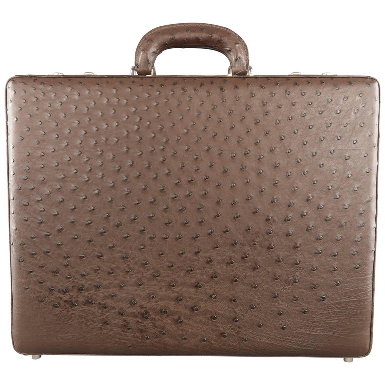Cole Haan Briefcase Large Brown Ostrich Leather Silver Lock Bag For