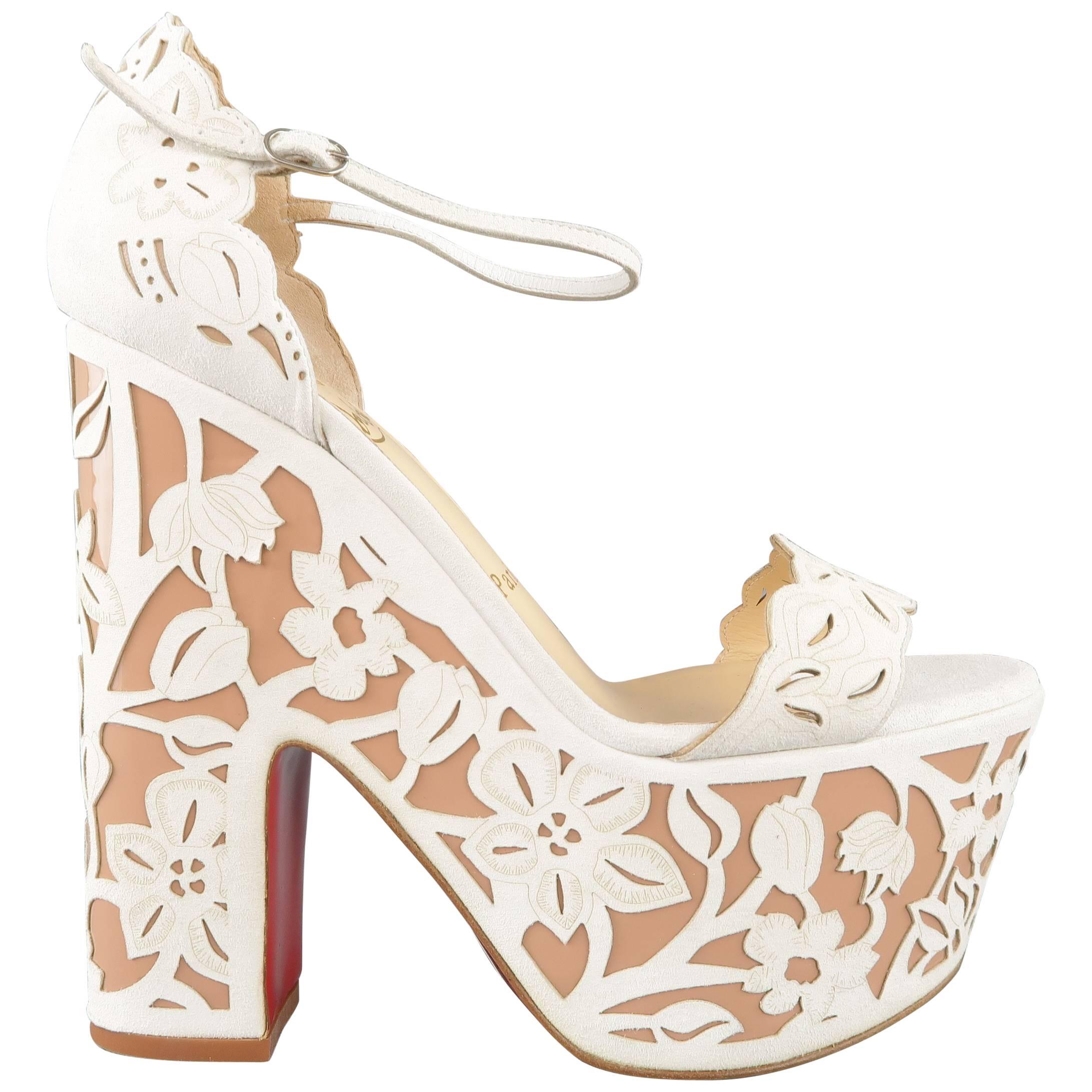 CHRISTIAN LOUBOUTIN Size 9 Off White Floral Suede Platform 'Houghton' Sandals