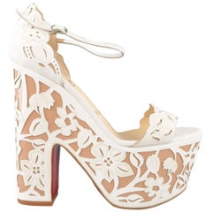 Used CHRISTIAN LOUBOUTIN Size 9 Off White Floral Suede Platform 'Houghton' Sandals