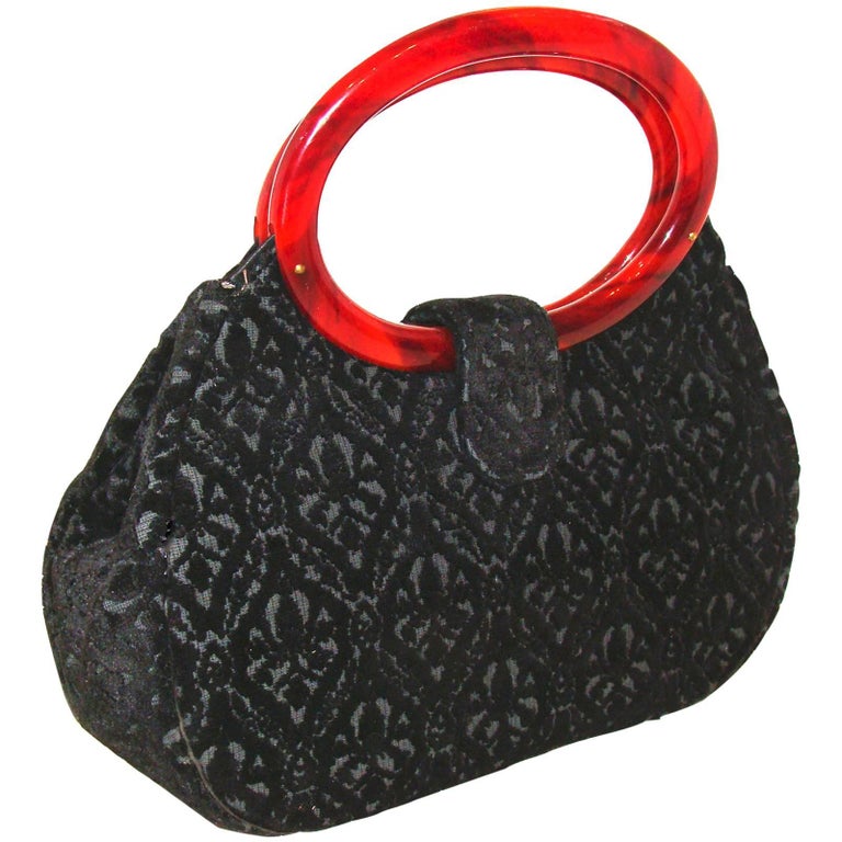 Architectural Purse in Black Sculpted Velvet with Bakelite Handles For