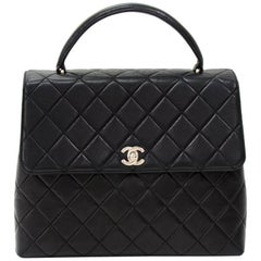 Vintage Chanel 12" Kelly Style Black Quilted Leather Flap Hand Bag