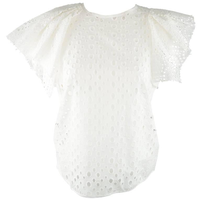 ISABEL MARANT Size S White Perforatd Cotton Asymmetrical Ruffle Sleeve Dress Top