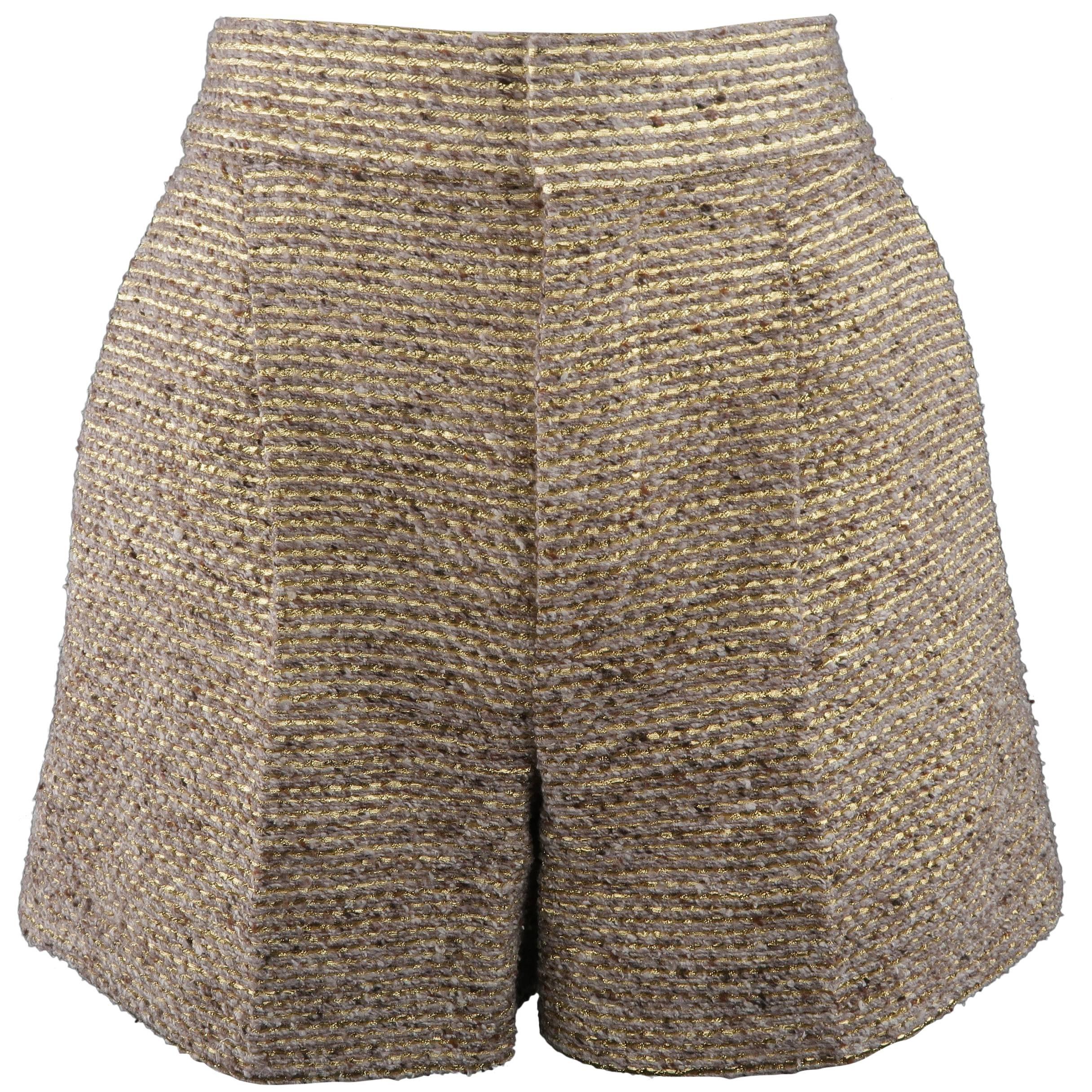 CHLOE Size 2 Metallic Gold & Beige Wool / Silk Striped Tweed Shorts