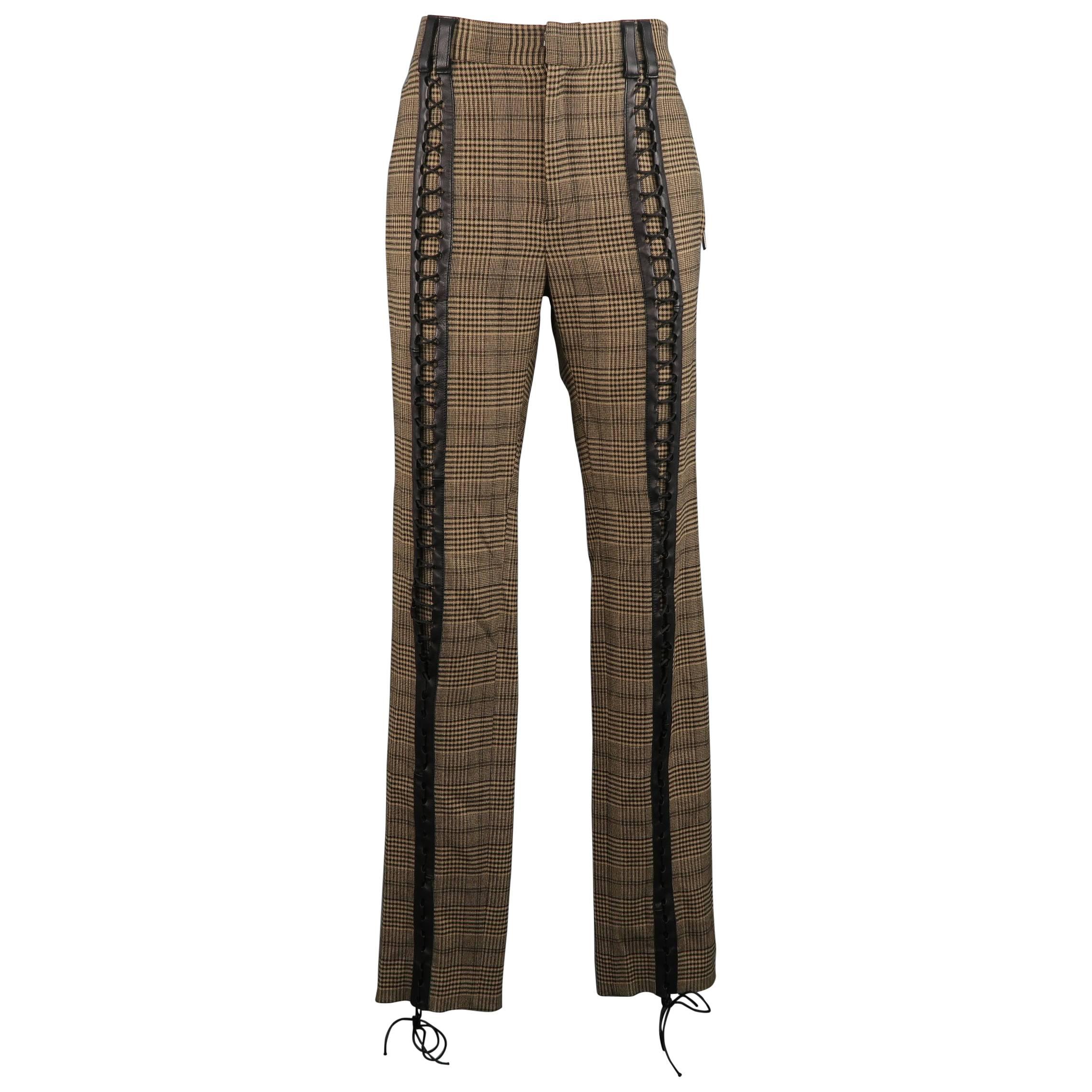 JEAN PAUL GAULTIER Size 30 Tan Glenplaid Wool Blend Leather Lace Up Pants