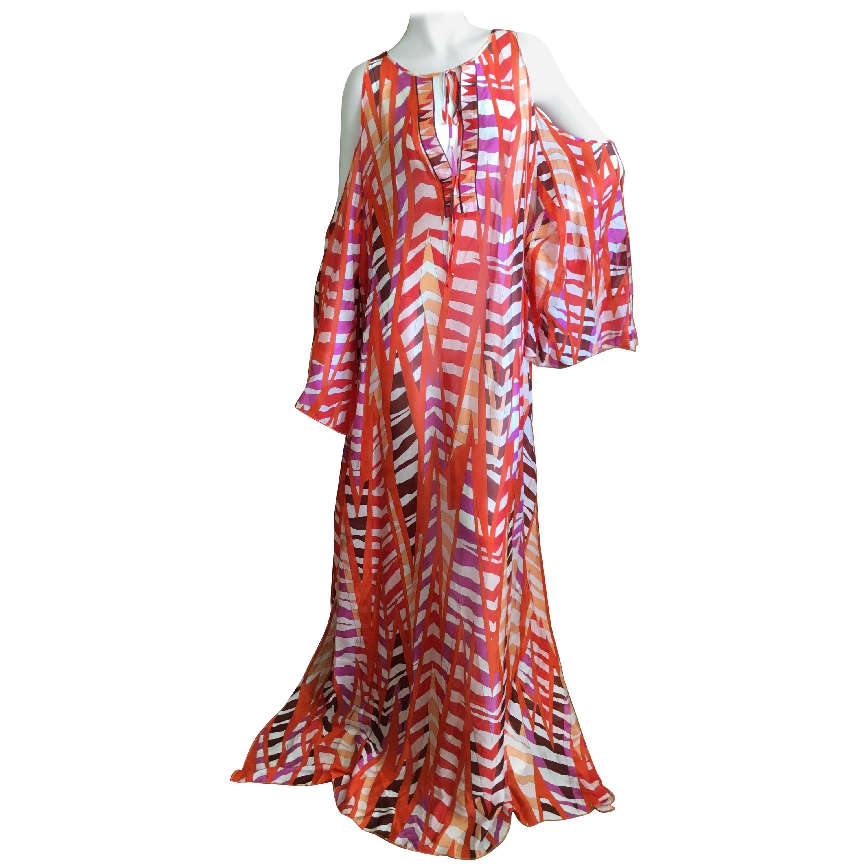 Emilio Pucci Sheer Cold Shoulder Patterned Caftan New with Tags Size L For Sale