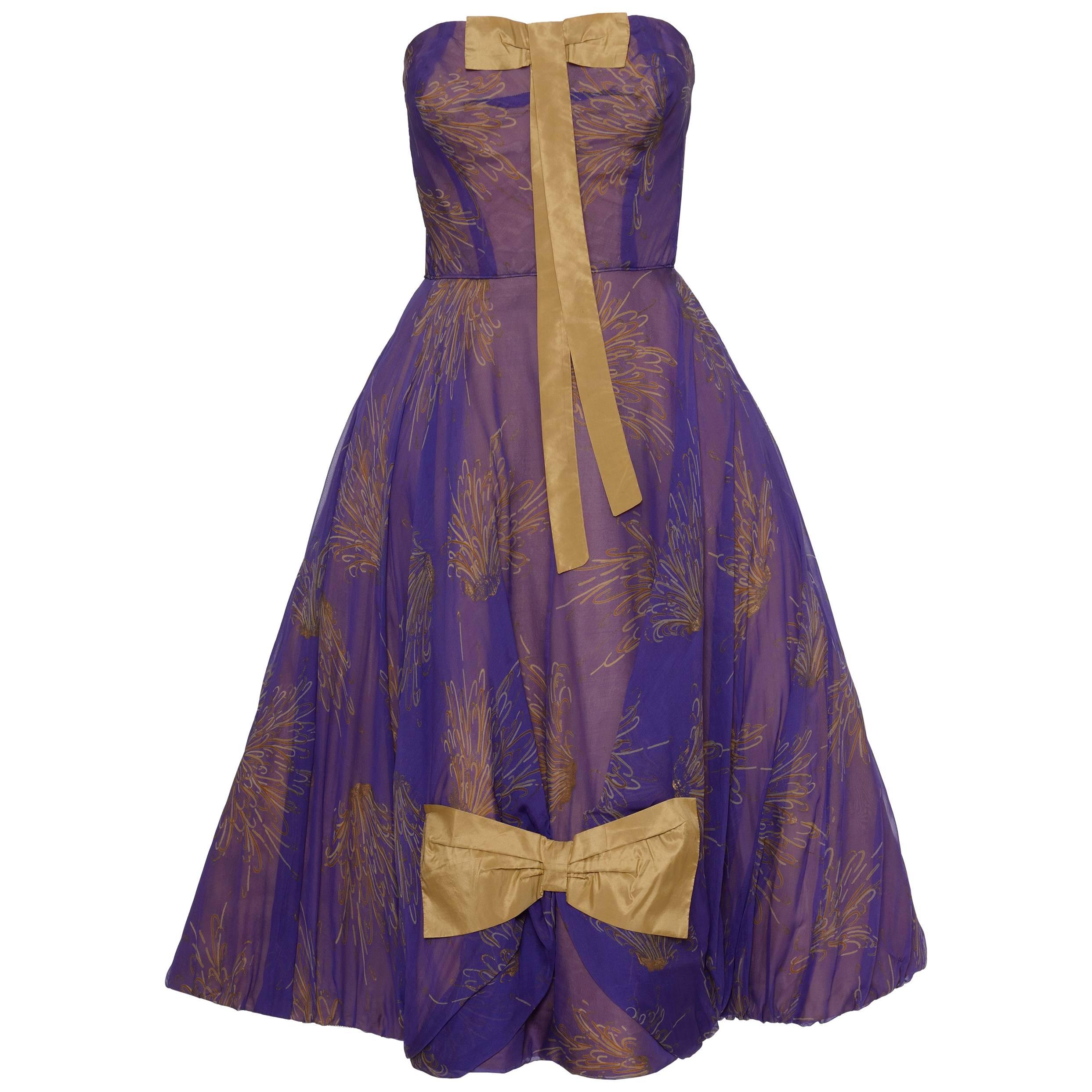 1950s Purple Organdy Silk Cocktail Evening Strapless Circle Dress For Sale