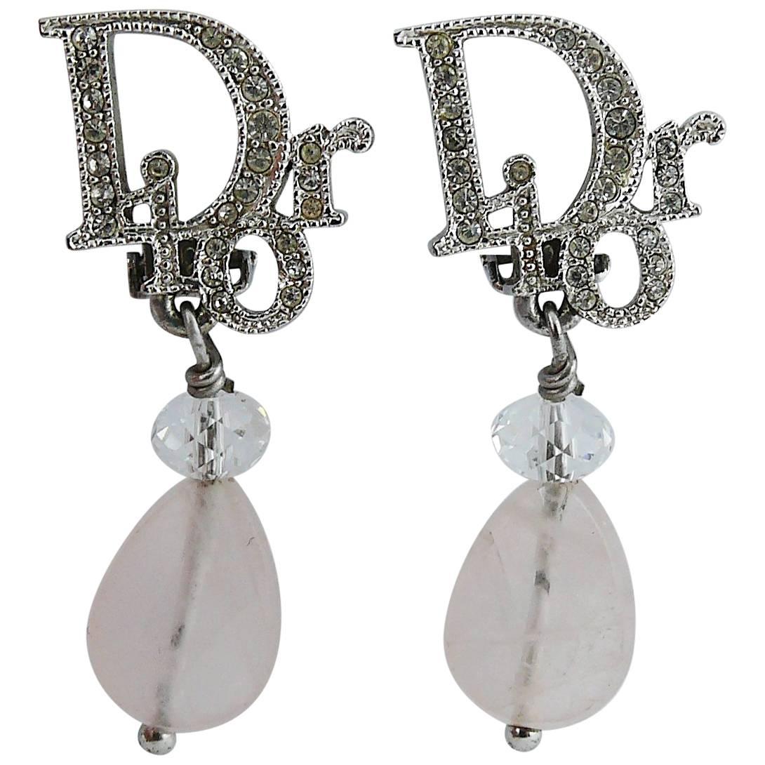 Christian Dior Diamante Logo and Quartz Dangling Earrings