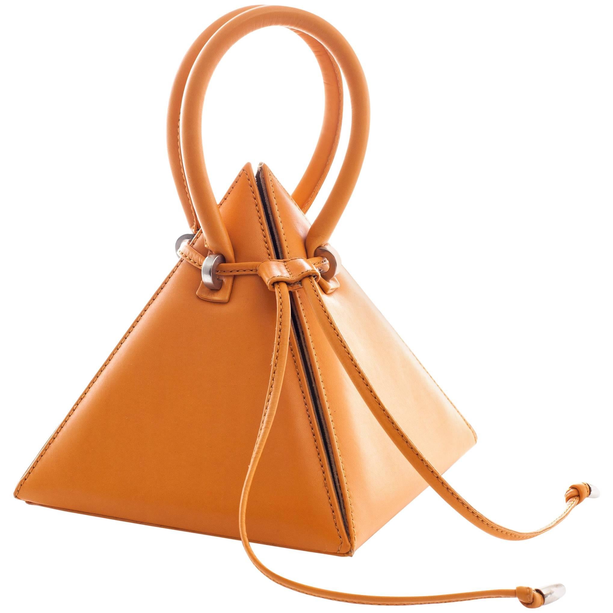 NitaSuri Lia Mustard Leather Pyramid Handbag For Sale